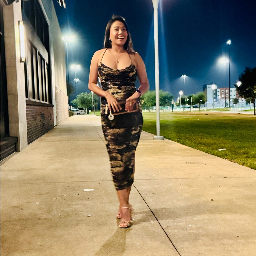 AKIRA Black and Gold Camo-Print Midi Dress